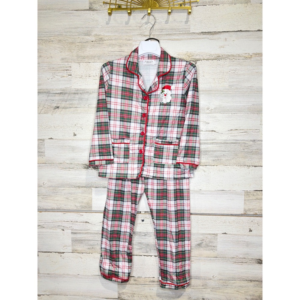 Rylee Faith Designs Pajama Set Kids 7 Red Plaid Santa Holiday